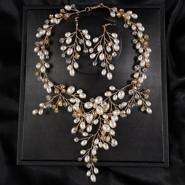 Boho Luxuriöses Hochzeitsbraut-Set mit handgefertigtem Schmuck aus Strass und Perlen - Ohrringe - Verstellbares Set für Frauen