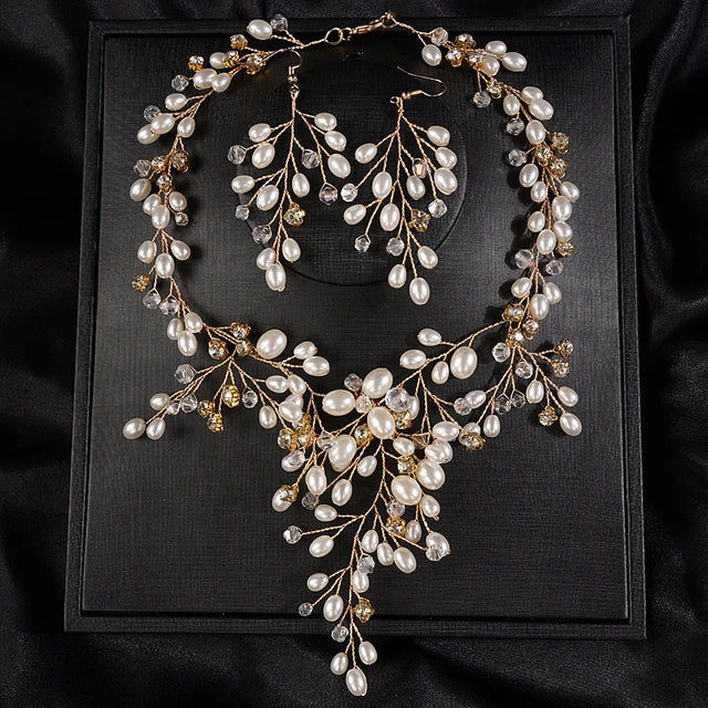 Boho Luxuriöses Hochzeitsbraut-Set mit handgefertigtem Schmuck aus Strass und Perlen - Ohrringe - Verstellbares Set für Frauen