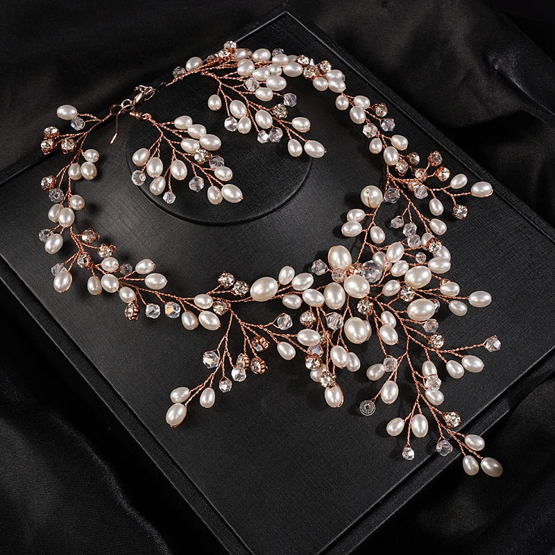 Boho Luxuriöses Hochzeitsbraut-Set mit handgefertigtem Schmuck aus Strass und Perlen - Ohrringe - Verstellbares Set für Frauen