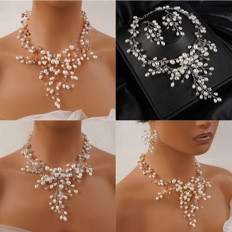 Boho Luxuriöses Hochzeitsbraut-Set mit handgefertigtem Schmuck aus Strass und Perlen - Ohrringe - Verstellbares Set für Frauen