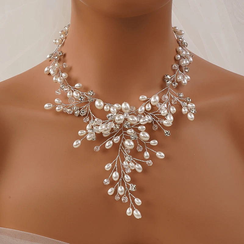 Boho Luxuriöses Hochzeitsbraut-Set mit handgefertigtem Schmuck aus Strass und Perlen - Ohrringe - Verstellbares Set für Frauen