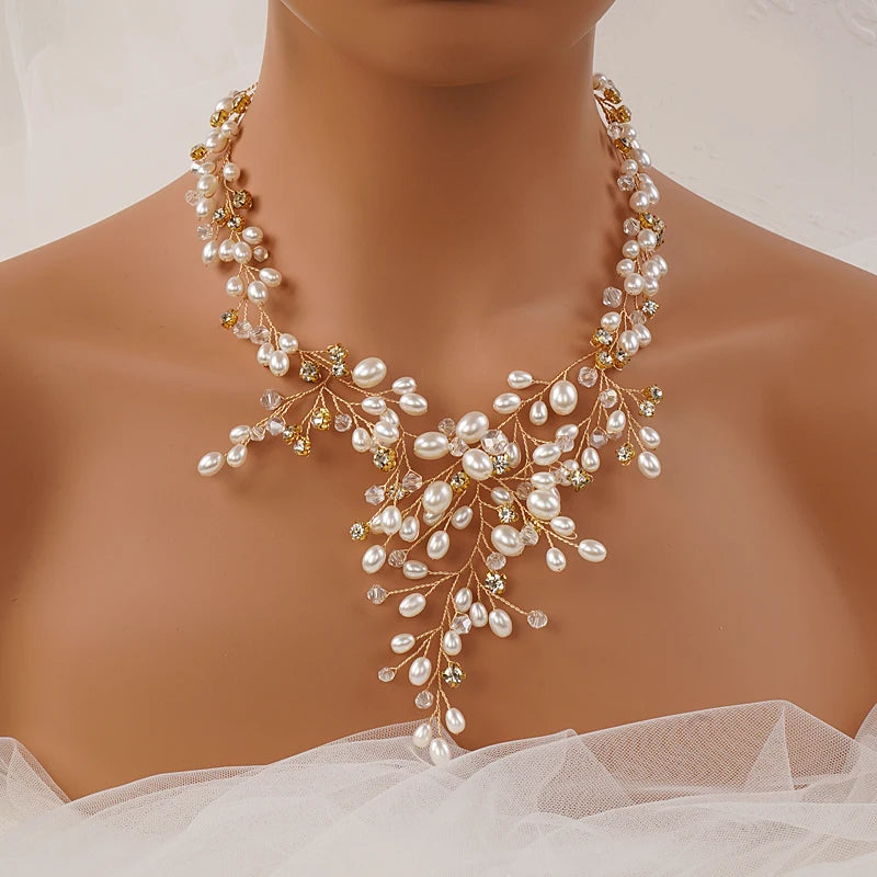 Boho Luxuriöses Hochzeitsbraut-Set mit handgefertigtem Schmuck aus Strass und Perlen - Ohrringe - Verstellbares Set für Frauen