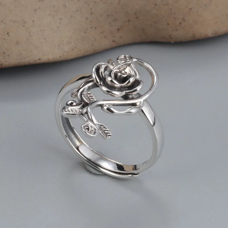 925 Sterling Silber Ring mit Rosenblumen-Schnitzerei für Mädchen und Frauen