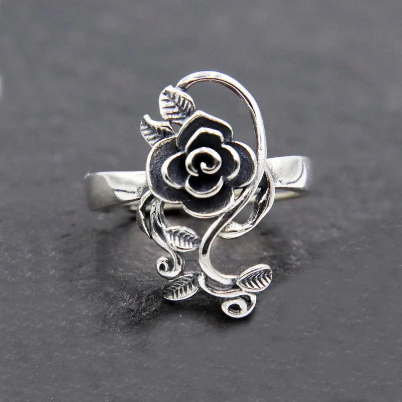 925 Sterling Silber Ring mit Rosenblumen-Schnitzerei für Mädchen und Frauen