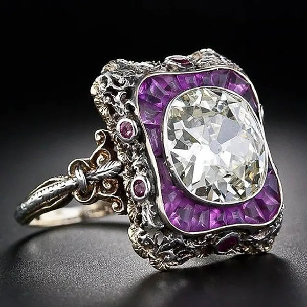 Amethyst Kristallring aus Sterlingsilber | 925 Silber Amethyst Steinring - Punk-Stil