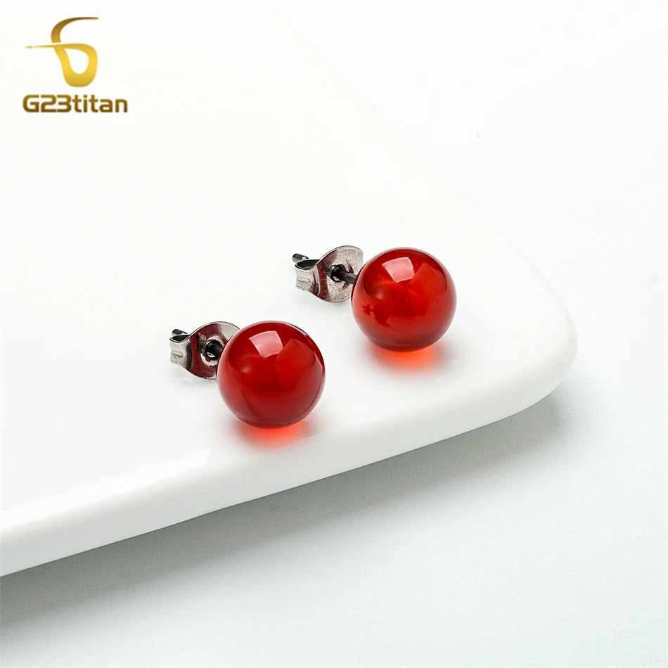 Elegante rote Karneol-Stein-Ohrringe für Frauen medizinische G23 Titan Piercing Ohrstecker 4mm 6mm 8mm Achat Perlen Schmuckgeschenk