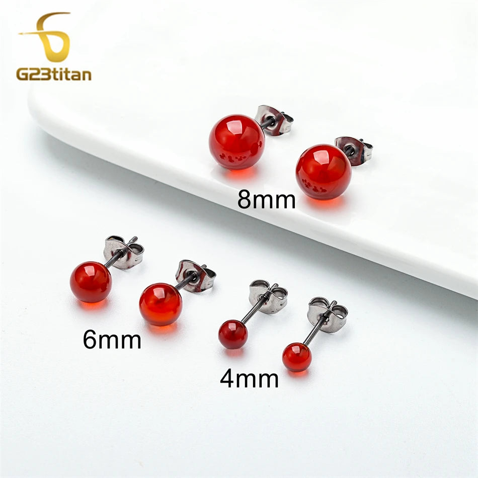 Elegante rote Karneol-Stein-Ohrringe für Frauen medizinische G23 Titan Piercing Ohrstecker 4mm 6mm 8mm Achat Perlen Schmuckgeschenk