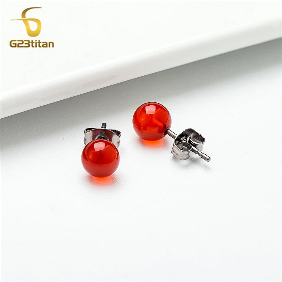 Elegante rote Karneol-Stein-Ohrringe für Frauen medizinische G23 Titan Piercing Ohrstecker 4mm 6mm 8mm Achat Perlen Schmuckgeschenk