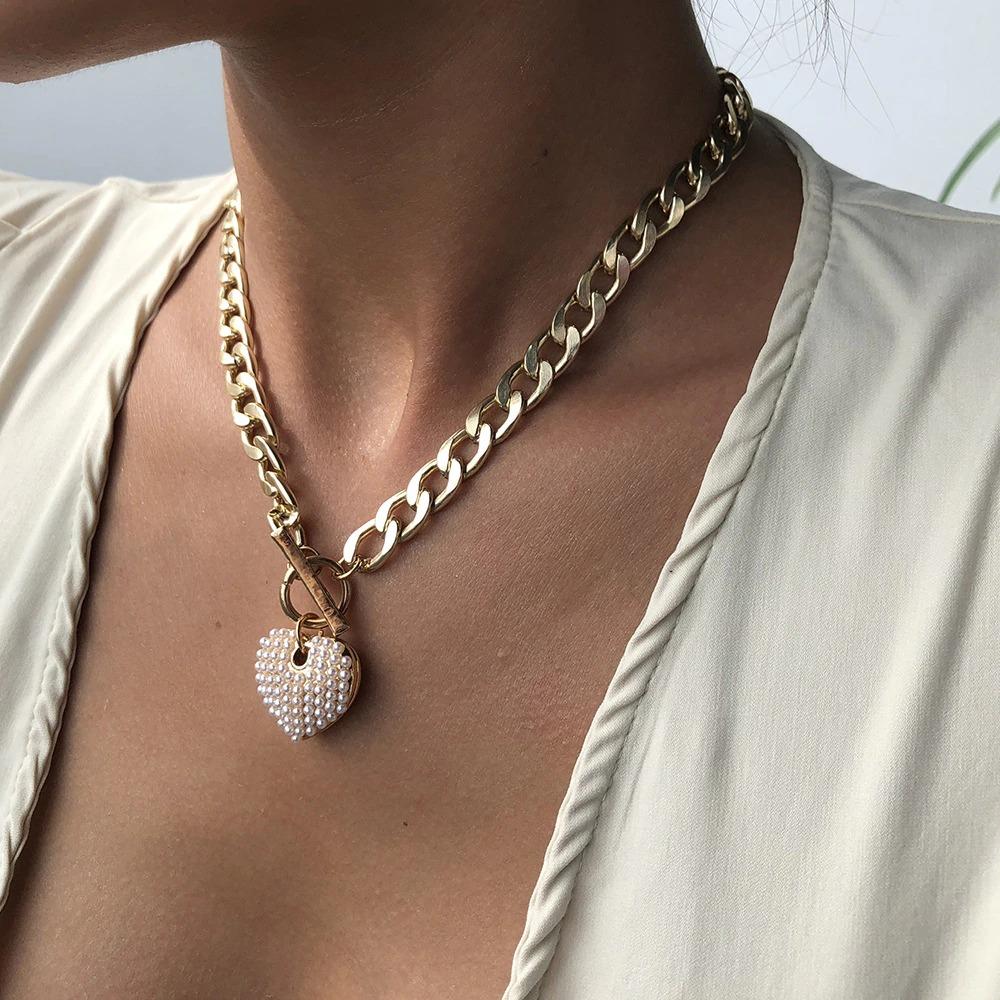 Klobige Goldene Kette Mit Perlenherz Anhängerkette