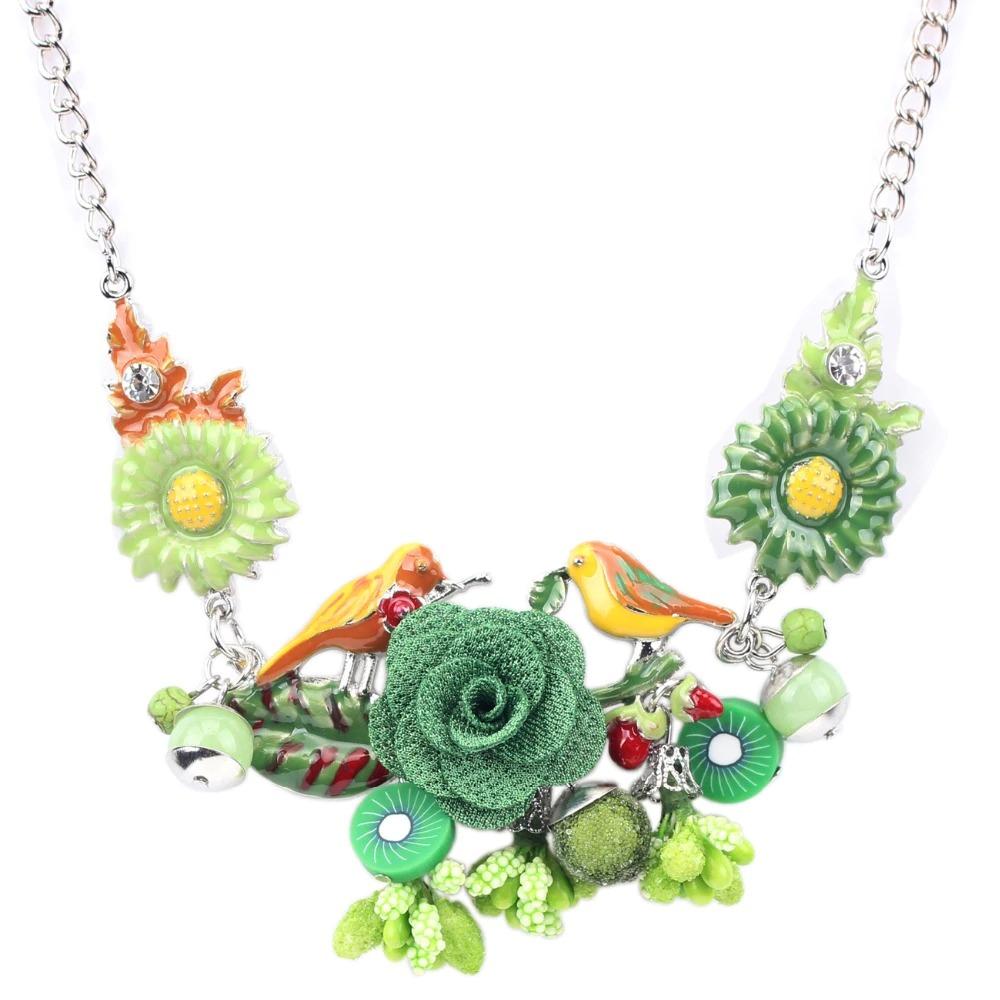 Bunte Emaille Blumen Und Vögel Statement Halskette
