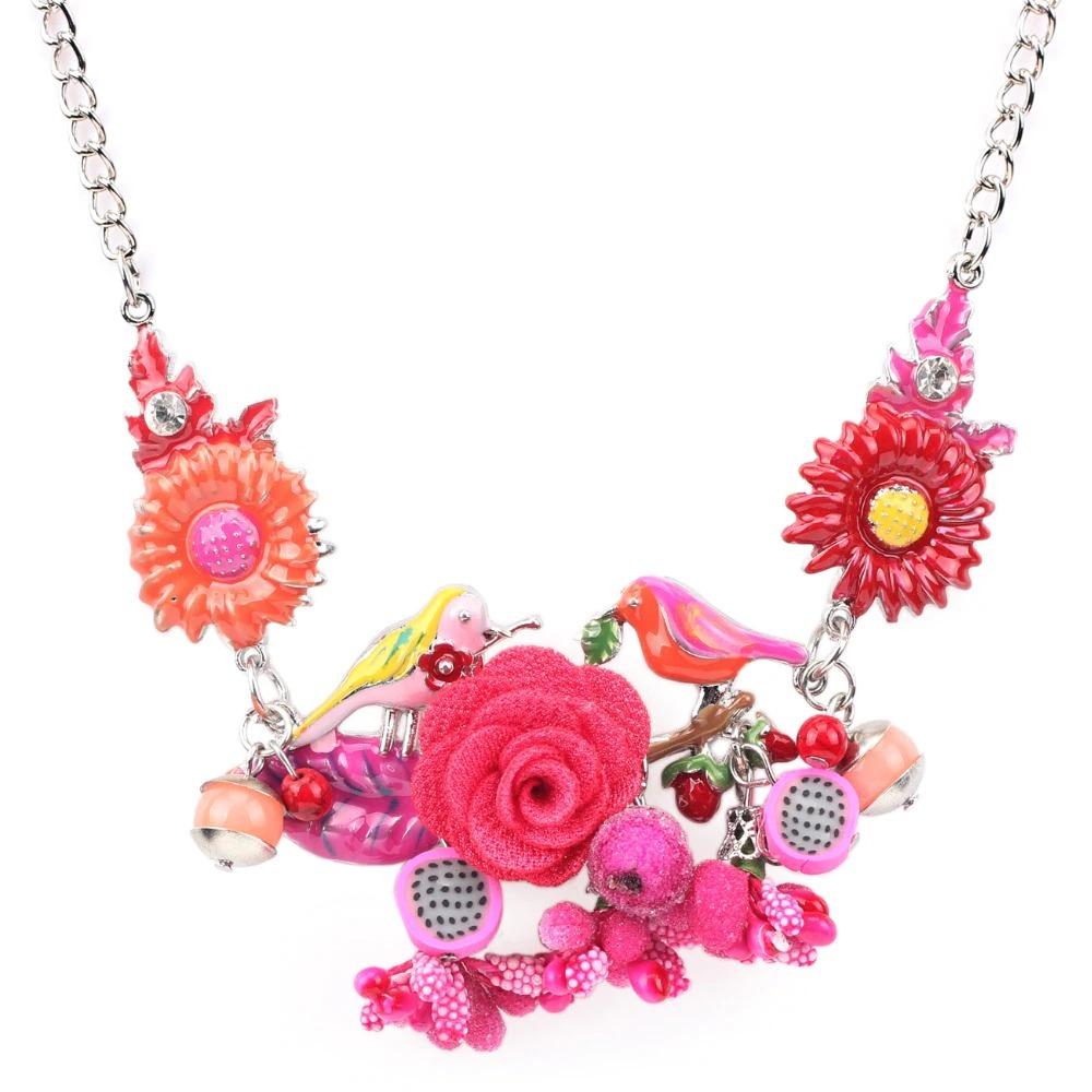 Bunte Emaille Blumen Und Vögel Statement Halskette