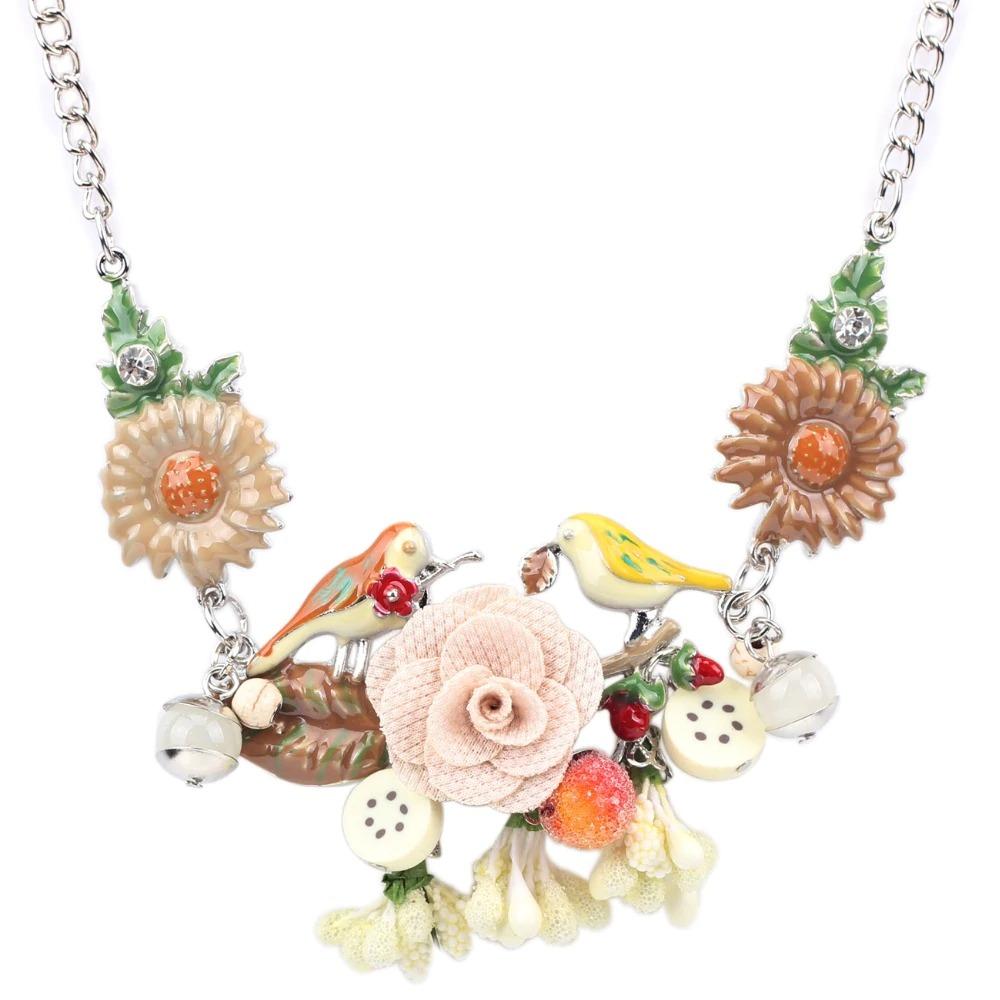 Bunte Emaille Blumen Und Vögel Statement Halskette