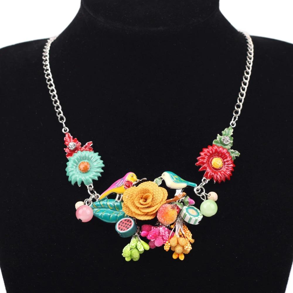 Bunte Emaille Blumen Und Vögel Statement Halskette