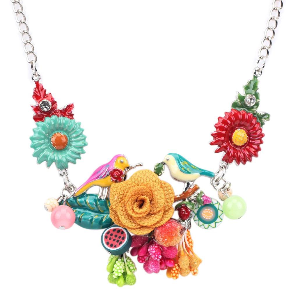Bunte Emaille Blumen Und Vögel Statement Halskette