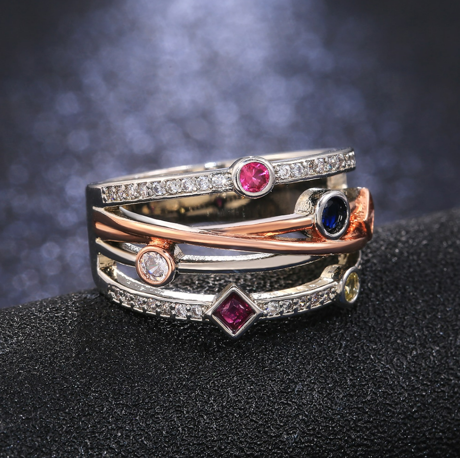 Bunte Multi Strang Kreuzmuster Geometrische Kubische Zirkoniaringe