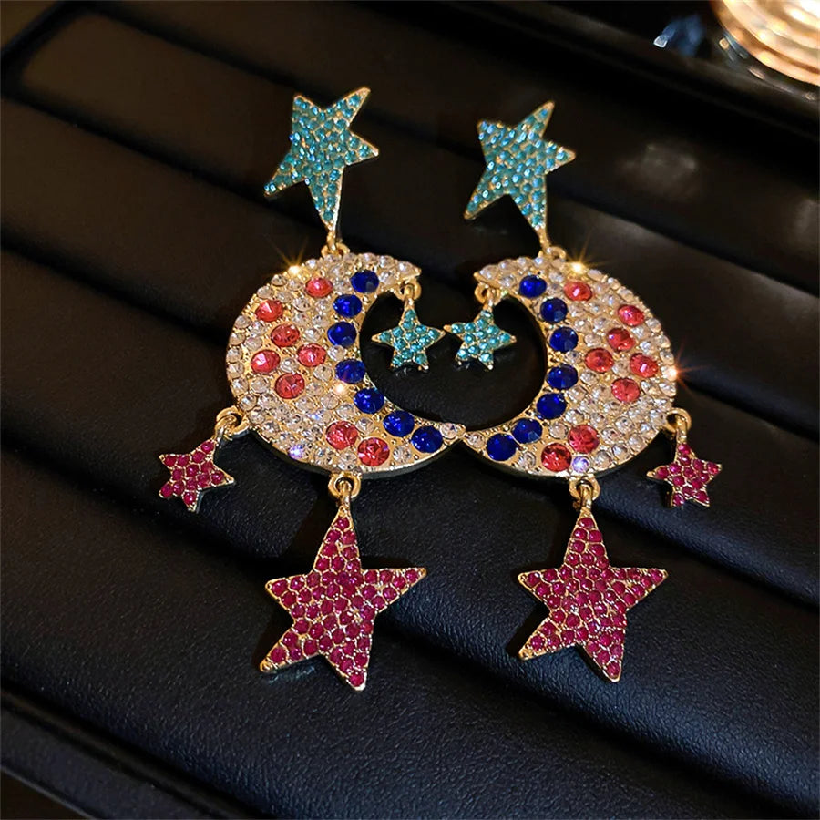 Bunte Kristallohrringe für Frauen Lange Sterne Mond Hängeohrringe Damen Party Hochzeitsschmuck