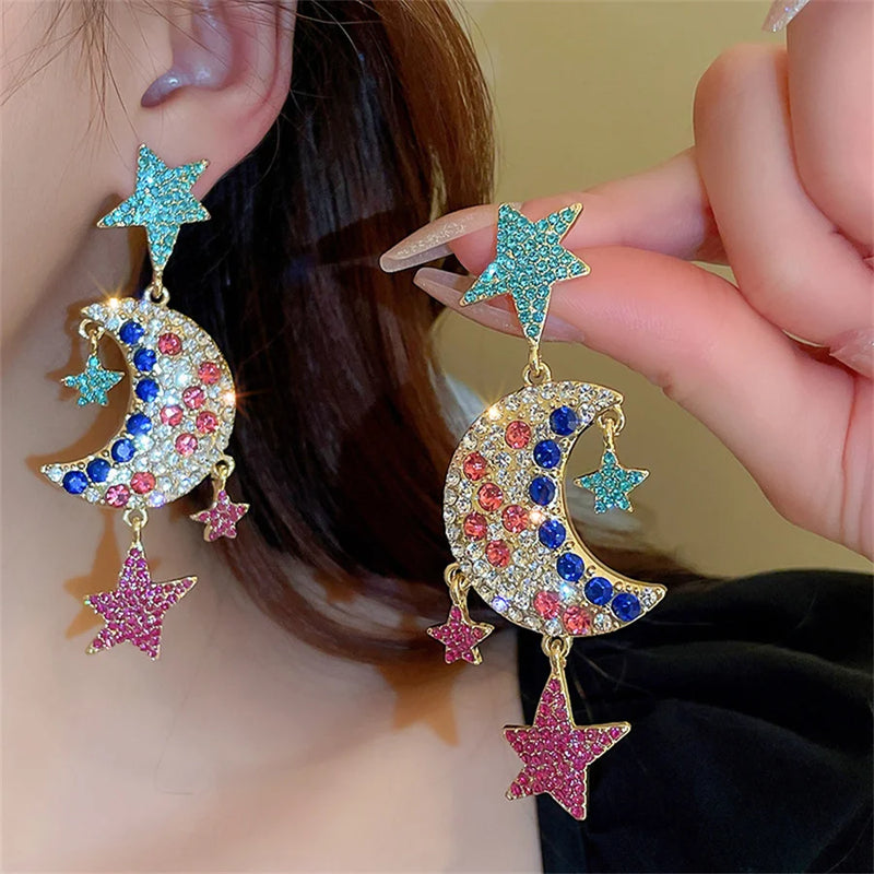 Bunte Kristallohrringe für Frauen Lange Sterne Mond Hängeohrringe Damen Party Hochzeitsschmuck