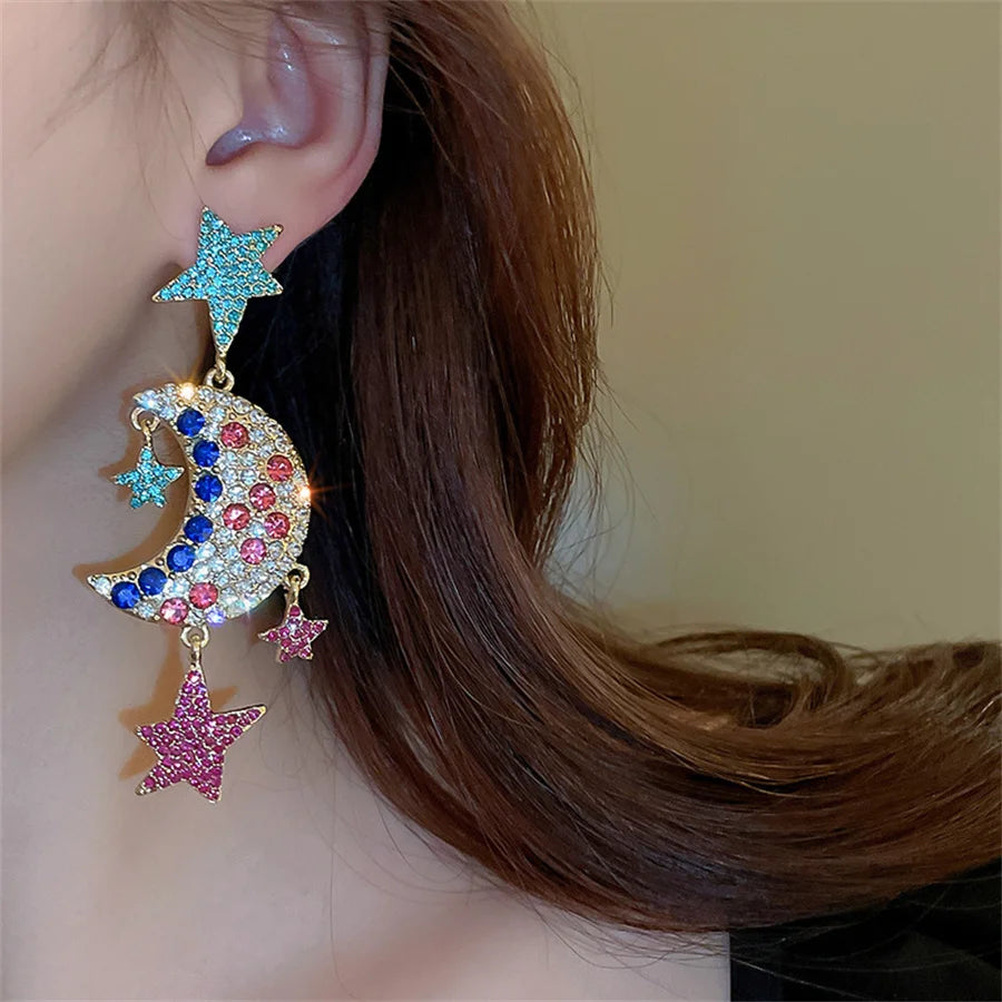 Bunte Kristallohrringe für Frauen Lange Sterne Mond Hängeohrringe Damen Party Hochzeitsschmuck