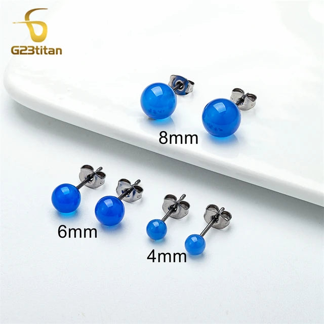 Dunkelblaue Achat-Ohrringe für Männer und Frauen, chirurgischer Titan-Ohrpiercing-Stud, 4mm 6mm 8mm Steinball, einfacher Modeschmuck, Geschenke