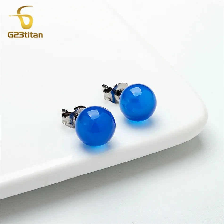 Dunkelblaue Achat-Ohrringe für Männer und Frauen, chirurgischer Titan-Ohrpiercing-Stud, 4mm 6mm 8mm Steinball, einfacher Modeschmuck, Geschenke