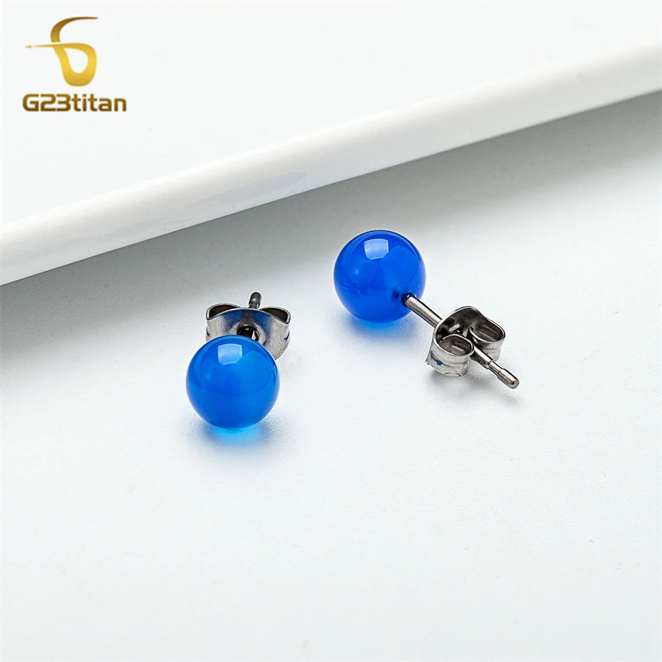 Dunkelblaue Achat-Ohrringe für Männer und Frauen, chirurgischer Titan-Ohrpiercing-Stud, 4mm 6mm 8mm Steinball, einfacher Modeschmuck, Geschenke