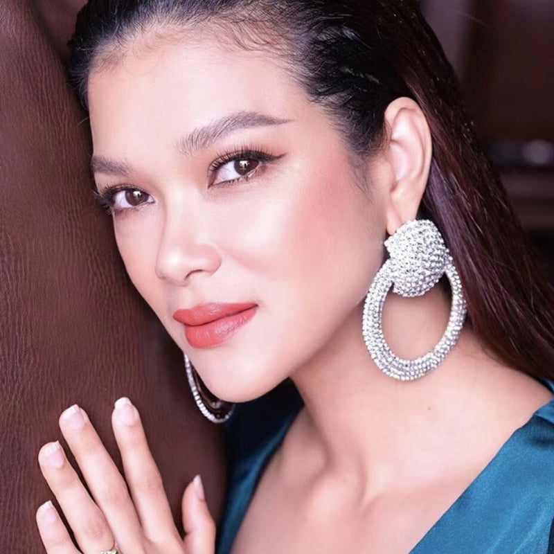 Deluxe Mode Volles Strass Runde Juwely Statement Dangle Ohrringe