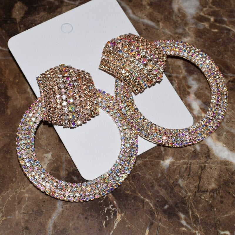 Deluxe Mode Volles Strass Runde Juwely Statement Dangle Ohrringe