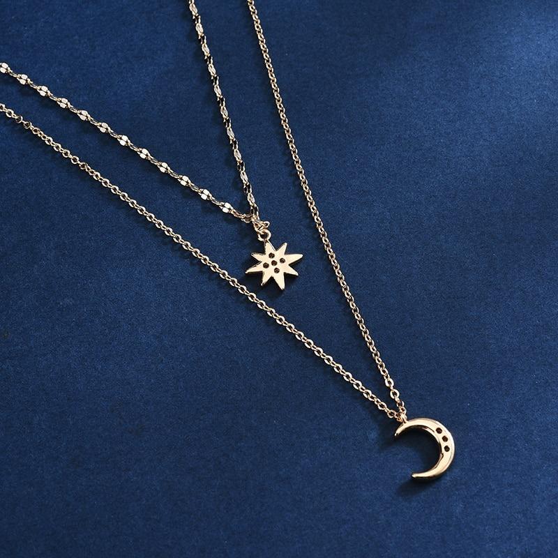 Doppelkette Mond Und Sterne Zirkonia Anhänger Halskette