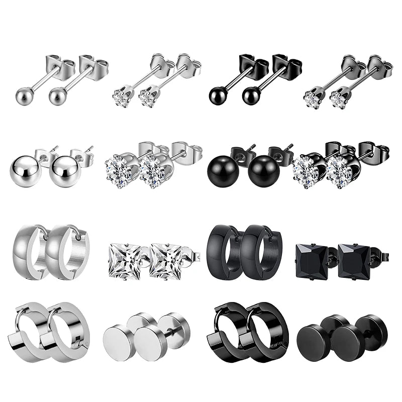 Schwarze Edelstahl Ohrstecker für Männer und Frauen - Punk Stil, CZ Runde Ohrringe - Modischer Schmuck