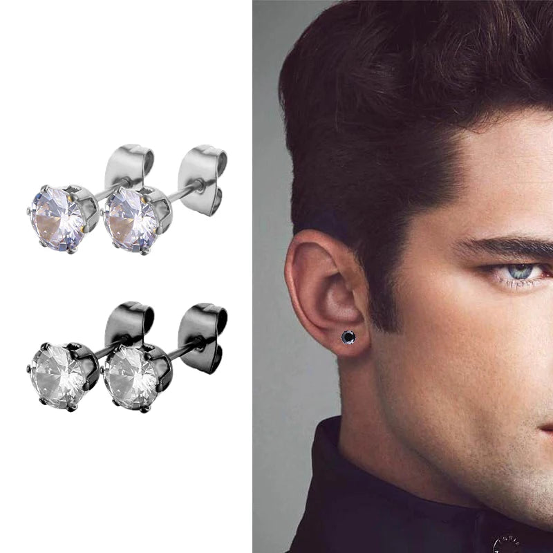 Schwarze Edelstahl Ohrstecker für Männer und Frauen - Punk Stil, CZ Runde Ohrringe - Modischer Schmuck