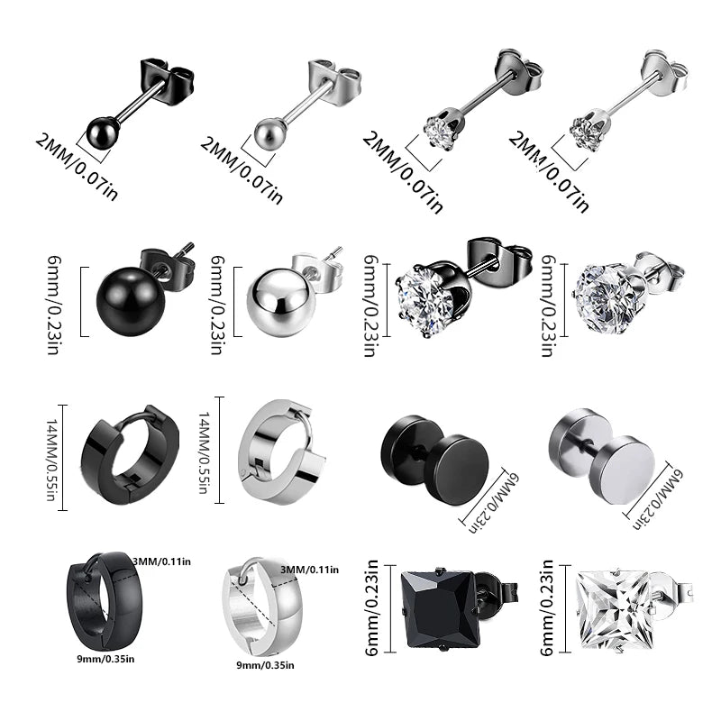 Schwarze Edelstahl Ohrstecker für Männer und Frauen - Punk Stil, CZ Runde Ohrringe - Modischer Schmuck