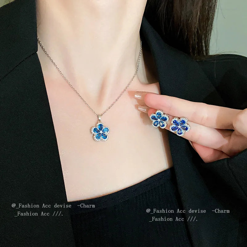 Elegantes Mode INS Stil Blauer Kristall Zirkon Blumen S925 Silber Nadel Ohrring Halskette Luxus Design Bankett Schmuckset