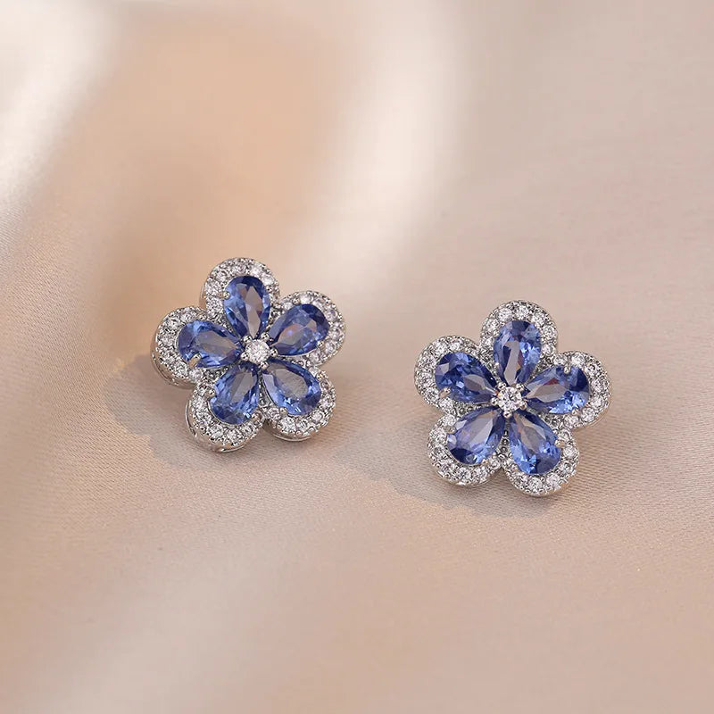 Elegantes Mode INS Stil Blauer Kristall Zirkon Blumen S925 Silber Nadel Ohrring Halskette Luxus Design Bankett Schmuckset