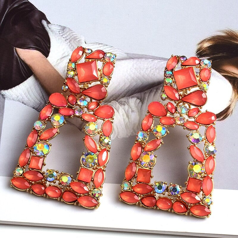 Extravagante Und Farbenfrohe Geometrische Strassstürze Ohrringe