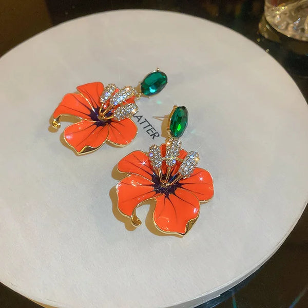 Orange Emaille Blumen Ohrhänger für Frauen Mädchen Grüne Kristall Hängeohrringe Party Schmuck