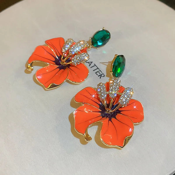 Orange Emaille Blumen Ohrhänger für Frauen Mädchen Grüne Kristall Hängeohrringe Party Schmuck
