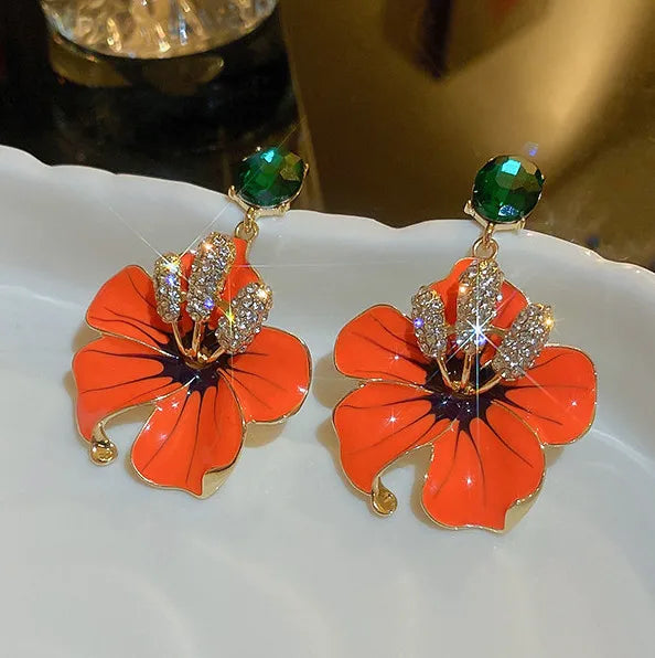Orange Emaille Blumen Ohrhänger für Frauen Mädchen Grüne Kristall Hängeohrringe Party Schmuck