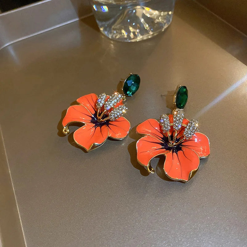 Orange Emaille Blumen Ohrhänger für Frauen Mädchen Grüne Kristall Hängeohrringe Party Schmuck