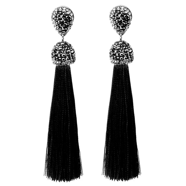 Bohemian Tassel Earrings with Silk Crystal Dangle Drop for Women