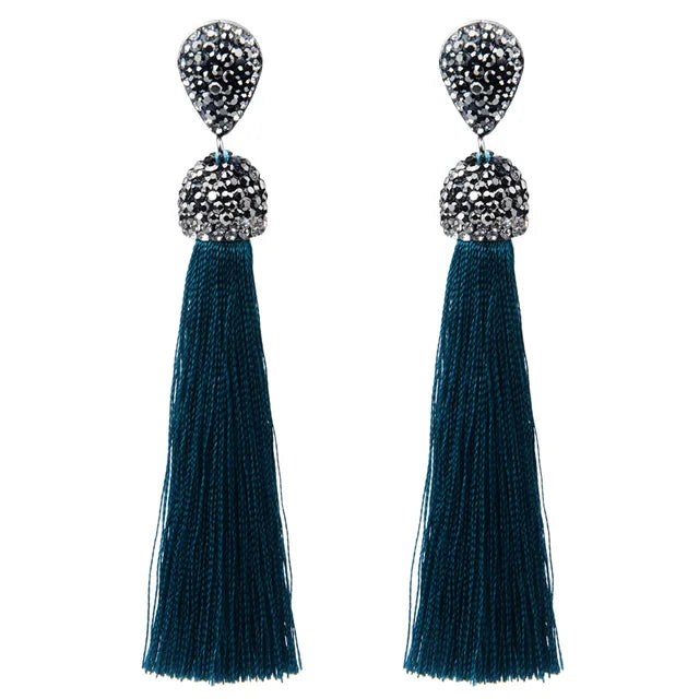 Bohemian Tassel Earrings with Silk Crystal Dangle Drop for Women