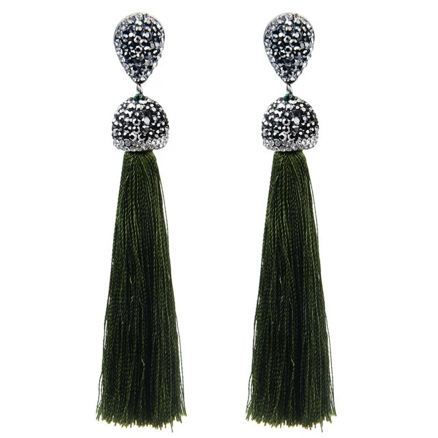 Bohemian Tassel Earrings with Silk Crystal Dangle Drop for Women
