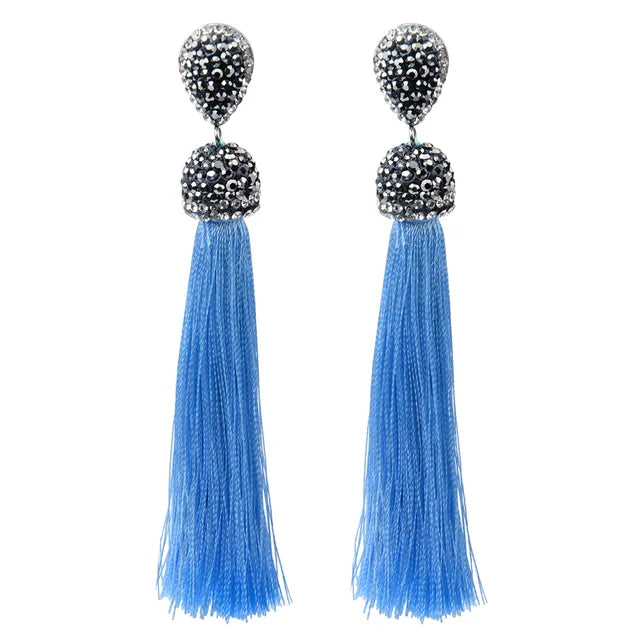Bohemian Tassel Earrings with Silk Crystal Dangle Drop for Women