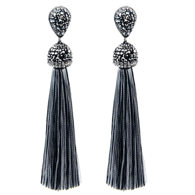 Bohemian Tassel Earrings with Silk Crystal Dangle Drop for Women