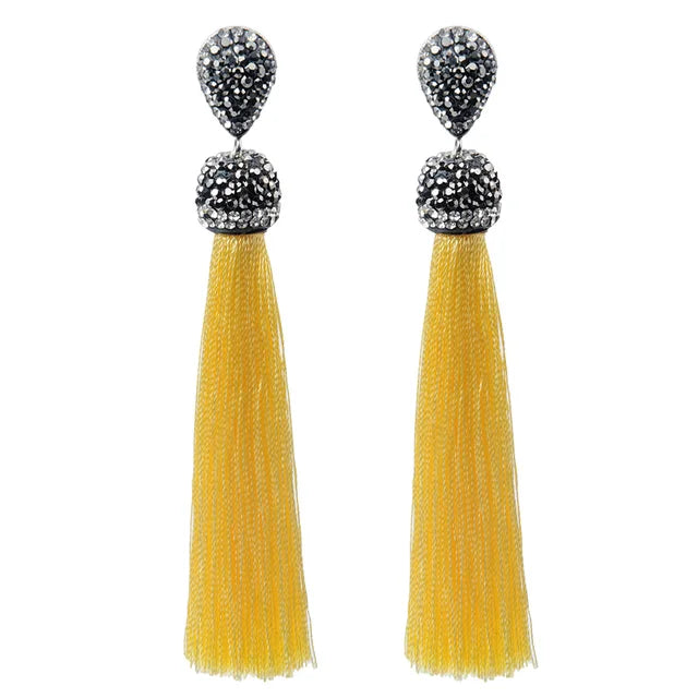 Bohemian Tassel Earrings with Silk Crystal Dangle Drop for Women