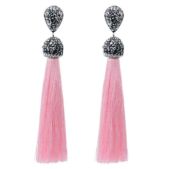 Bohemian Tassel Earrings with Silk Crystal Dangle Drop for Women