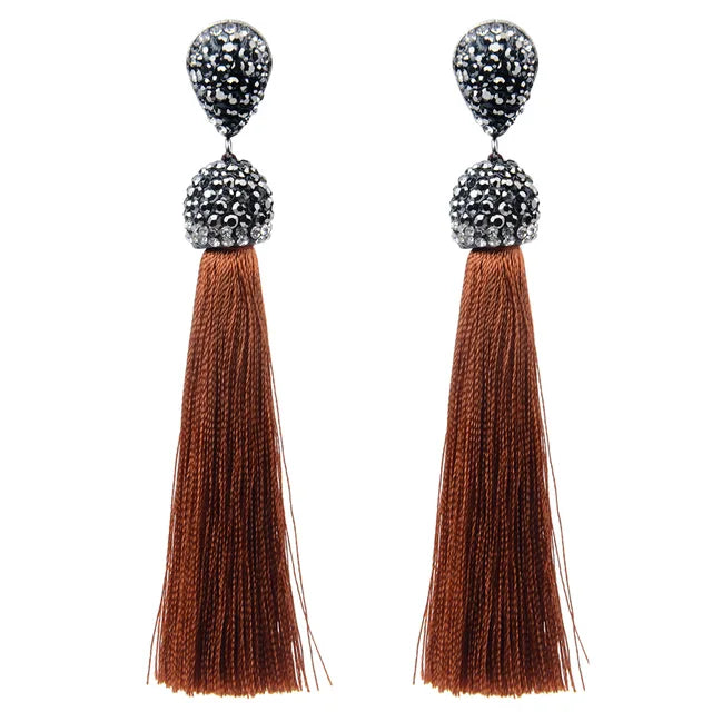 Bohemian Tassel Earrings with Silk Crystal Dangle Drop for Women