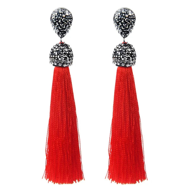 Bohemian Tassel Earrings with Silk Crystal Dangle Drop for Women