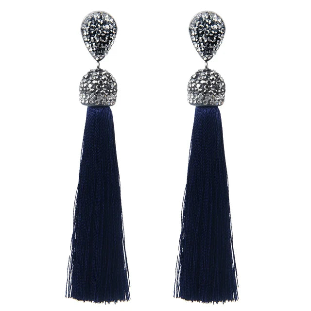Bohemian Tassel Earrings with Silk Crystal Dangle Drop for Women