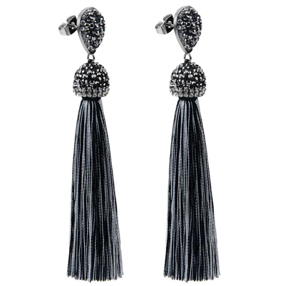 Bohemian Tassel Earrings with Silk Crystal Dangle Drop for Women