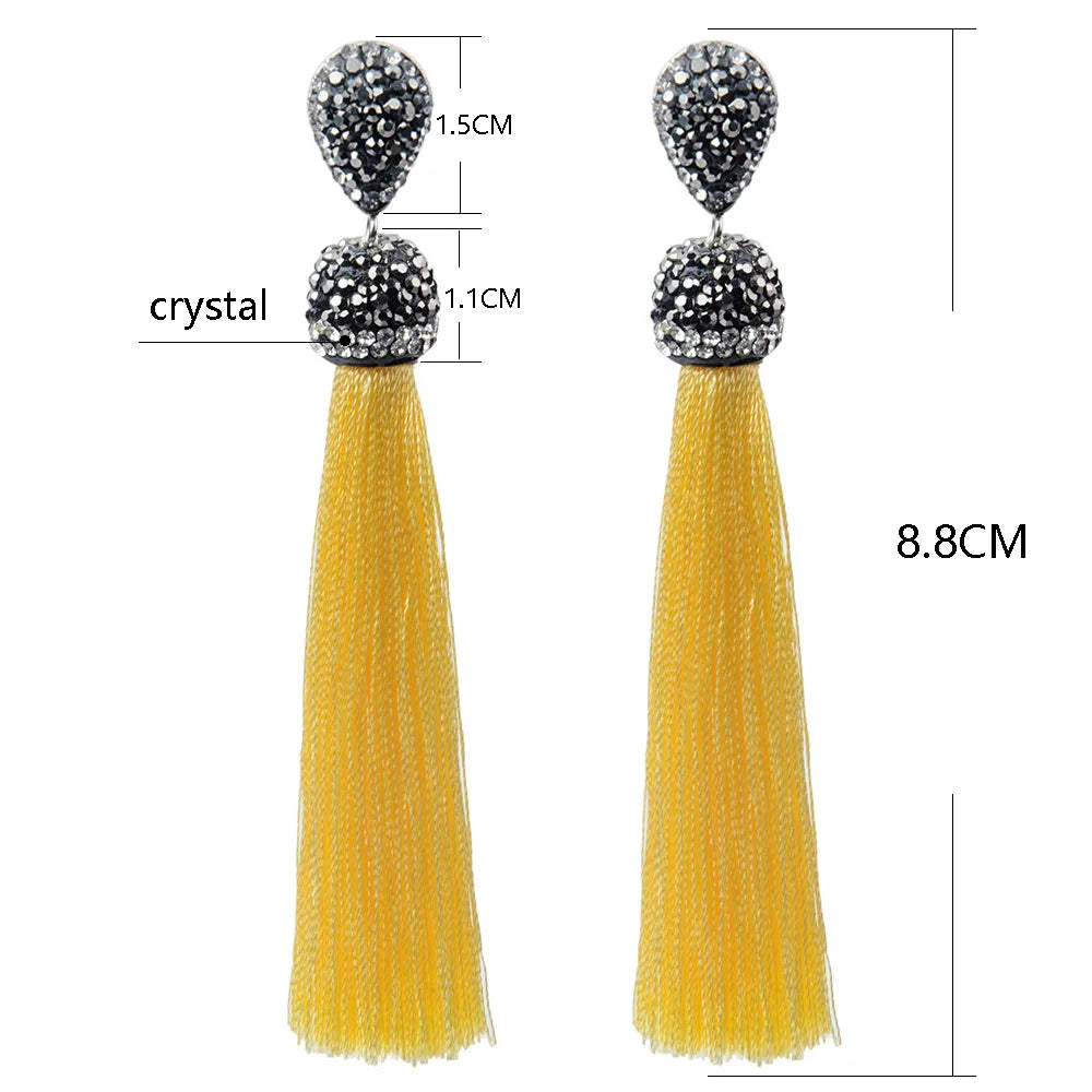 Bohemian Tassel Earrings with Silk Crystal Dangle Drop for Women
